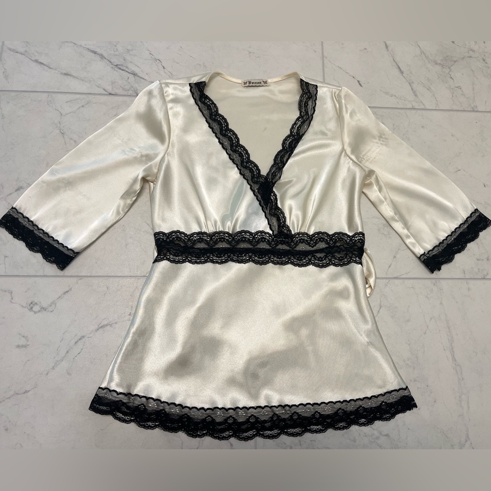 Forever Cream and Black Lace Trim Robe